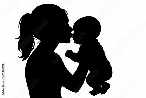 Elegant Mother and Baby Silhouette Vector Illustration, Tender Moment of Maternal Love and Bonding, Minimalist Black Profile Design for Mother's Day Cards, Family Portraits, Nursery Decor