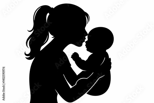 Elegant Mother and Baby Silhouette Vector Illustration, Tender Maternal Love Embrace, Motherhood Bond Portrait, Minimalist Black Profile Design for Mother's Day Cards, Family Artwork, Nursery Decor