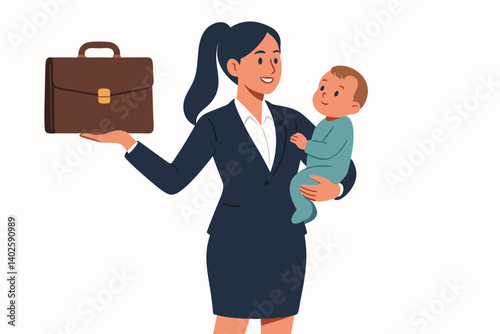 Professional Working Mother Balancing Career and Parenthood Vector Illustration, Businesswoman in Navy Suit Holding Briefcase and Baby, Work-Life Balance, Female Executive with Child, Modern Parenting
