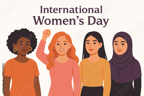 International Women's Day Vector Illustration with Diverse Female Characters Standing Together in Unity and Empowerment, Multicultural Women Group Celebrating Feminism and Equality