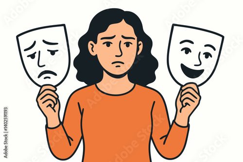 Emotional Duality Vector Illustration with Woman Holding Happy and Sad Theater Masks, Mental Health Concept Art for Psychology, Mood Disorders, Bipolar Awareness and Emotional Intelligence Design