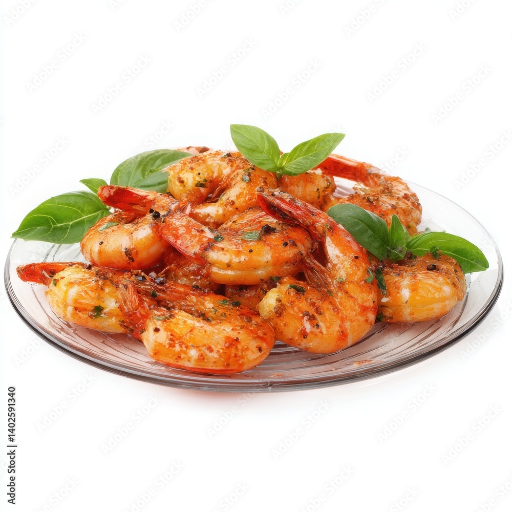 A platter of delicious cooked shrimp, garnished with basil, A platter of delicious cooked shrimp, garnished with basil,