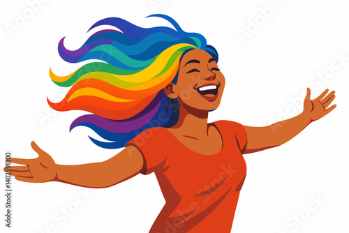 Vibrant Rainbow-Haired Woman Expressing Joy and Freedom: Colorful Vector Illustration of Diverse Beauty, Happiness, and Self-Expression for Pride, Empowerment, and Celebration Themes