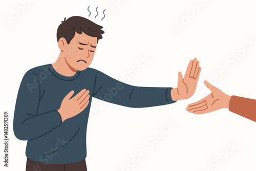 Emotional Rejection Vector: Man Refusing Comfort with Hand Gesture, Expressing Distress and Discomfort in Social Interaction, Illustrated Character for Mental Health Awareness Campaigns