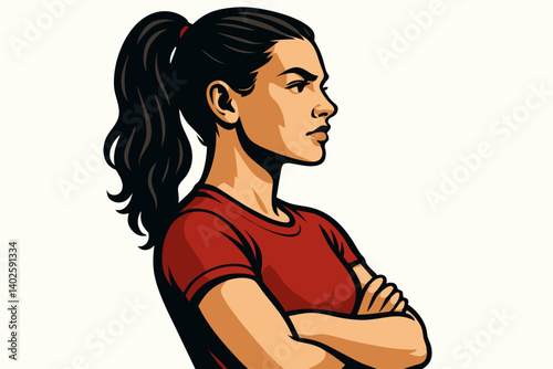 Confident Woman in Red T-shirt with Ponytail in Profile View, Minimalist Vector Portrait Illustration with Strong Determined Expression, Modern Flat Design for Female Empowerment Concept