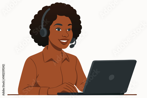 African American Customer Service Representative with Headset Working on Laptop, Professional Female Call Center Agent, Remote Work Support Specialist, Virtual Assistant Vector Illustration