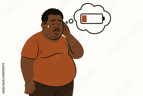 Exhausted Man Feeling Fatigue with Low Battery Energy Concept Vector Illustration, Mental Burnout and Tiredness Metaphor, Emotional Stress and Exhaustion Cartoon Character Design for Health Awareness
