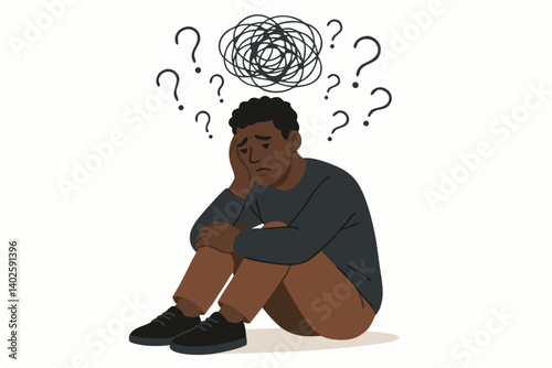 Mental Health Concept Vector Illustration with African American Man Experiencing Anxiety, Depression and Confusion with Tangled Thoughts and Question Marks, Minimalist Design for Psychology Awareness