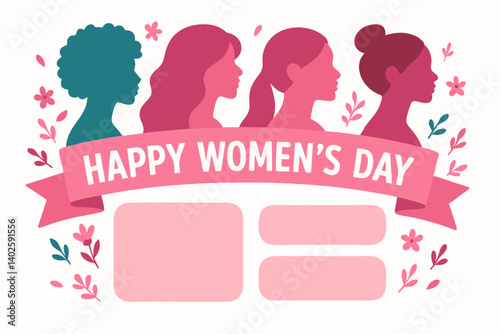 Happy Women's Day Celebration Vector Banner with Diverse Female Silhouettes in Pink and Teal, Decorative Floral Elements and Text Ribbon for International Women's Day Social Media Template