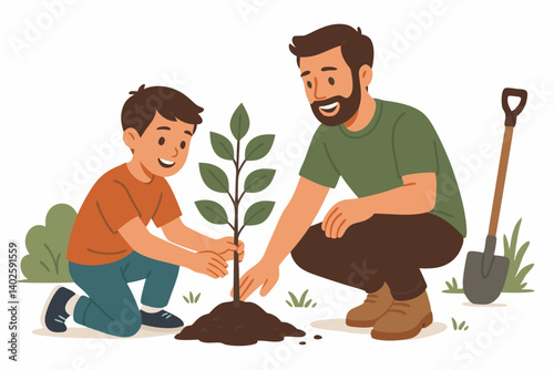 Father and Son Planting Tree Together in Garden, Family Bonding Through Environmental Education, Sustainable Parenting, Teaching Children About Nature Conservation and Eco-Friendly Activities