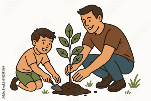 Father and Son Planting Tree Together: Eco-Friendly Family Bonding Activity Vector Illustration for Environmental Education, Sustainability Awareness, and Gardening Projects