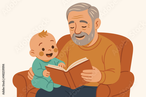 Heartwarming Grandfather Reading Story to Smiling Baby Illustration, Intergenerational Bonding Moment in Cozy Armchair, Family Storytelling Time Vector Art for Children's Books and Parenting Blogs