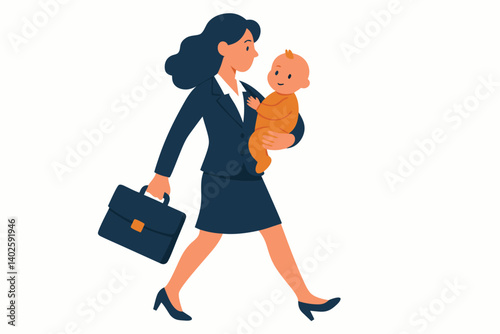 Professional Working Mother Balancing Career and Parenthood Vector Illustration, Businesswoman in Formal Attire Carrying Baby and Briefcase, Modern Motherhood and Work-Life Balance Concept Art