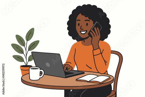 Vibrant African Woman Multitasking: Remote Work Productivity with Laptop, Smartphone, and Coffee in Modern Home Office Setting