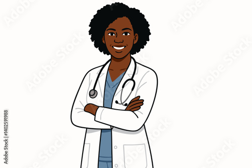 Confident African American Female Doctor with Stethoscope Vector Illustration, Professional Healthcare Worker Portrait, Medical Practitioner in White Coat, Hospital Staff Character Design