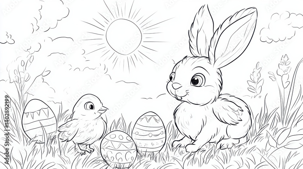A cheerful rabbit and a chick are depicted in a spring scene, surrounded by flowers and Easter eggs. The illustration embodies joy and the spirit of new beginnings. A cheerful rabbit and a chick are depicted in a spring scene, surrounded by flowers and Easter eggs. The illustration embodies joy and the spirit of new beginnings.