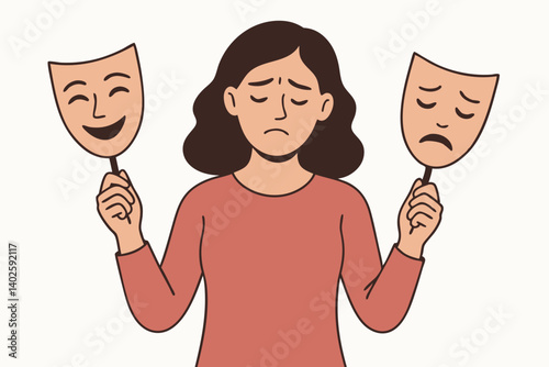 Emotional Duality Concept Vector Illustration with Woman Holding Comedy and Tragedy Masks, Minimalist Line Art Drawing for Mental Health Awareness, Mood Disorders, and Psychology Themes