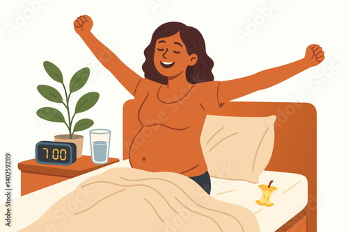 Joyful Pregnant Woman Stretching in Bed at Morning with Digital Alarm Clock, Houseplant and Water Glass, Vector Illustration of Healthy Pregnancy Lifestyle, Maternity Wellness and Self-Care Routine