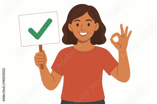 Cheerful Woman Showing Approval with Green Check Mark Sign and OK Hand Gesture, Positive Feedback Concept Illustration for Business, Education, Customer Satisfaction and Achievement Celebration