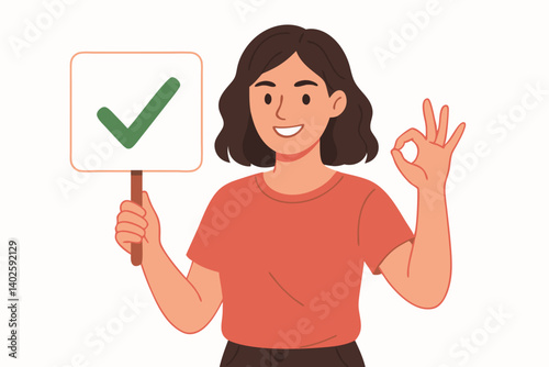 Smiling Woman with Green Checkmark Sign Making OK Gesture, Vector Illustration for Approval, Agreement, Positive Feedback, Satisfaction, Success, Acceptance, Confirmation, Verification, Validation