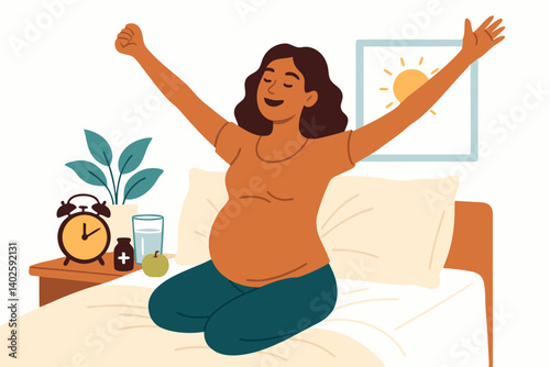 Joyful Pregnant Woman Stretching in Bright Bedroom with Healthy Morning Routine Elements Including Alarm Clock, Water, Medicine and Houseplant, Vector Illustration for Maternity Wellness and Self-Care