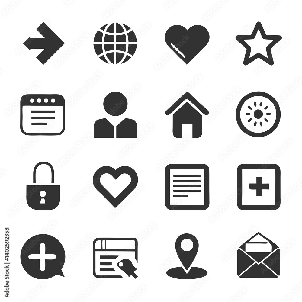 Collection of simple black and white icon symbols Collection of simple black and white icon symbols