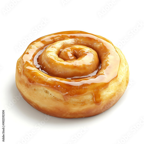 A freshly baked honey bun with a soft, sticky dough, topped with a sweet glaze and a light sprinkle of cinnamon