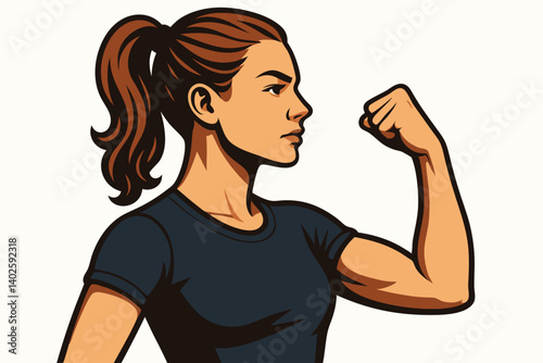 Confident Strong Woman Flexing Arm in Athletic Pose, Empowerment and Fitness Concept, Vector Illustration with Bold Colors