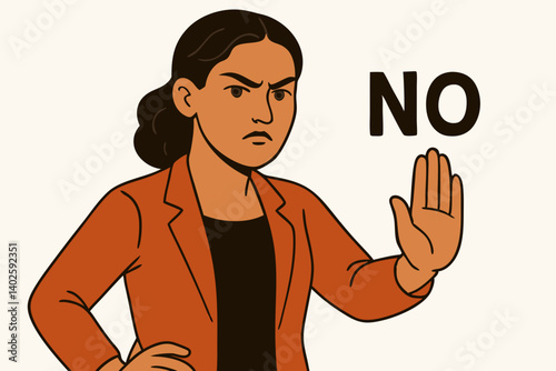 Assertive Woman Making Stop Gesture with Raised Hand and Bold "No" Text, Symbolizing Refusal, Boundaries, and Empowerment in Minimalist Illustration Style