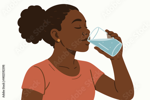 African American Woman Drinking Water for Healthy Hydration, Wellness, and Self-Care in Minimalist Style Illustration