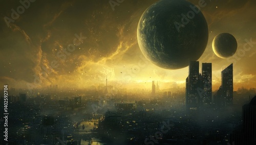 Two planets loom in the sky above an apocalyptic city