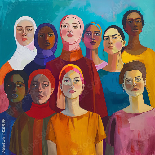 Artwork portraying women standing together in solidarity, demanding equal rights and opportunities, promoting gender equality as a fundamental human right
