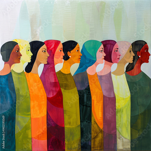 Artwork portraying women standing together in solidarity, demanding equal rights and opportunities, promoting gender equality as a fundamental human right