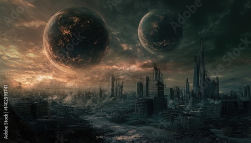 Two planets loom in the sky above an apocalyptic city