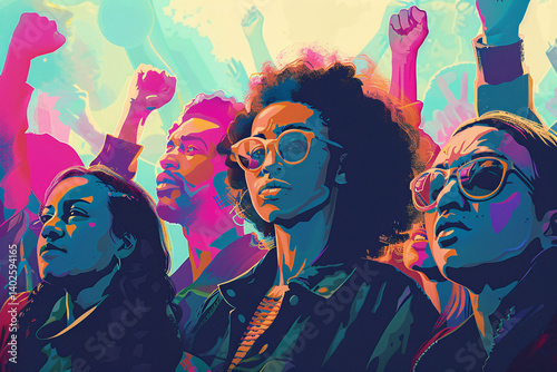 Illustrations representing diverse individuals united in the fight for equality, raising voices against injustice and discrimination, advocating for social change and systemic reform