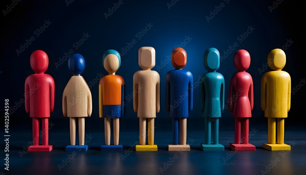 Diverse Wooden Figures Standing in a Row Diverse Wooden Figures Standing in a Row