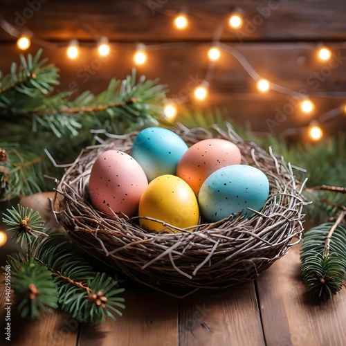 Pastel Easter Eggs in Bird's Nest with Festive Lights