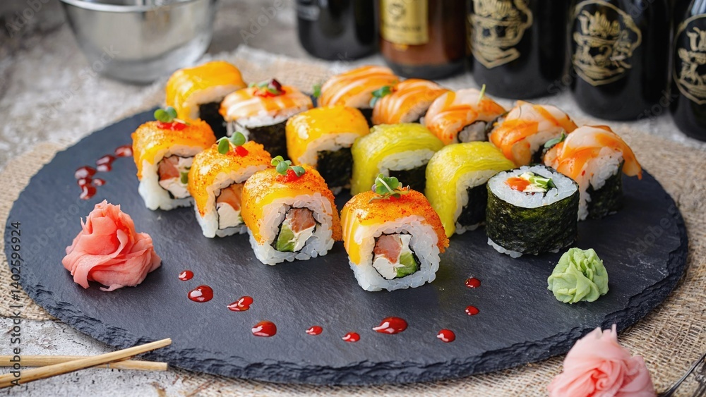 Variety of sushi with fish and vegetable fillings, arranged on a tray. Soy sauce drizzled over the top.