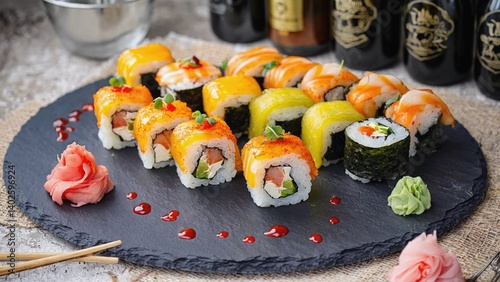 Obraz na płótnie Variety of sushi with fish and vegetable fillings, arranged on a tray. Soy sauce drizzled over the top. w salonie