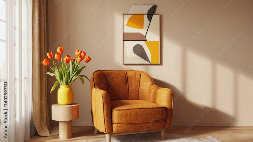 A well-lit, modern living room with stylish furniture including a yellow armchair, coffee table, and contemporary artwork. The space exudes a warm and welcoming atmosphere.