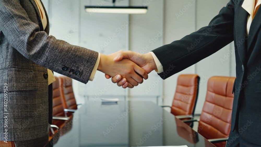 Two businessmen shaking hands at table.