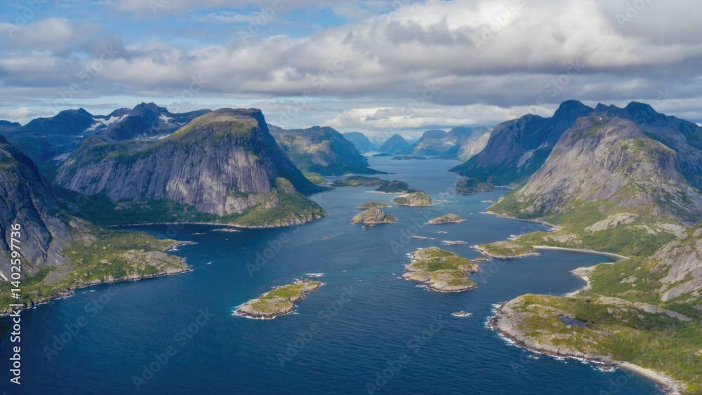 Breathtaking view of mountainous fjords with clear blue waters and lush greenery.