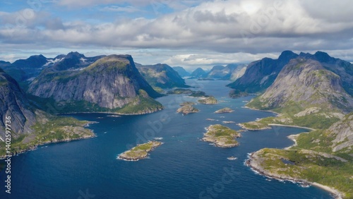 Obraz na płótnie Breathtaking view of mountainous fjords with clear blue waters and lush greenery. w salonie