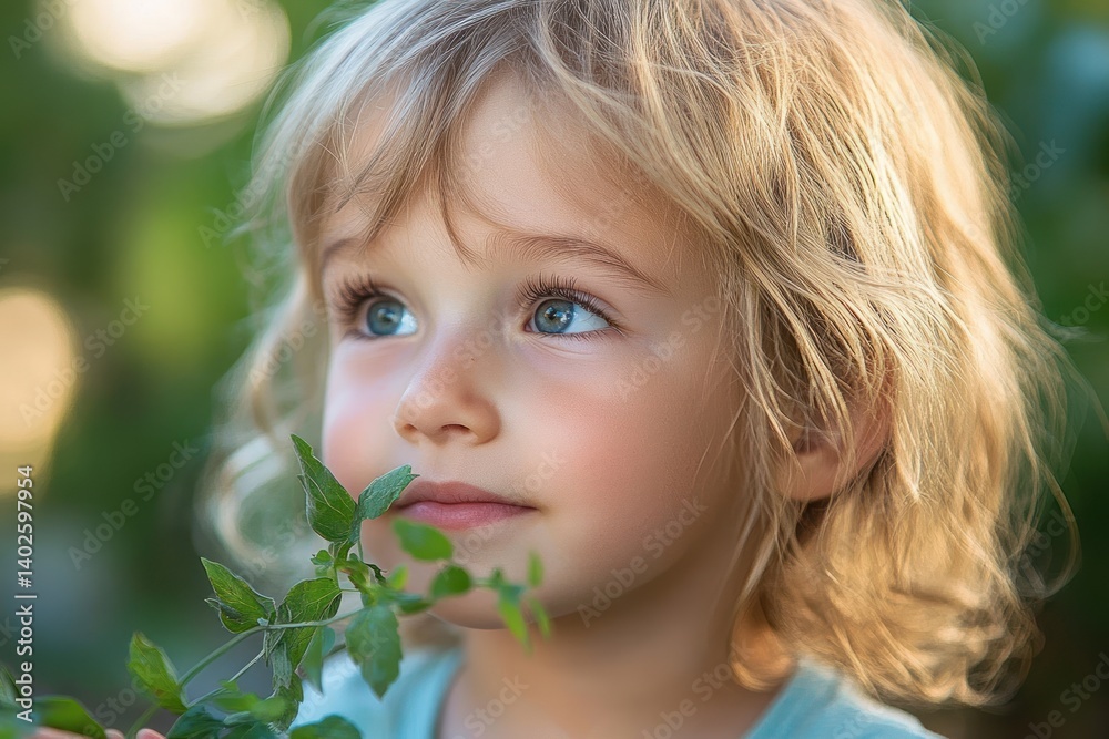 Caucasian Baby Girl Smelling Mint Leaf in Urban Vegetable Garden Caucasian Baby Girl Smelling Mint Leaf in Urban Vegetable Garden