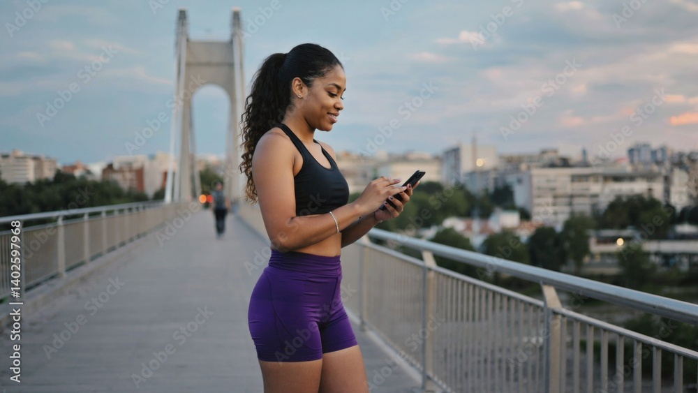 Woman in sportswear checking phone on bridge. Fitness, healthy living, selfie with city backdrop.