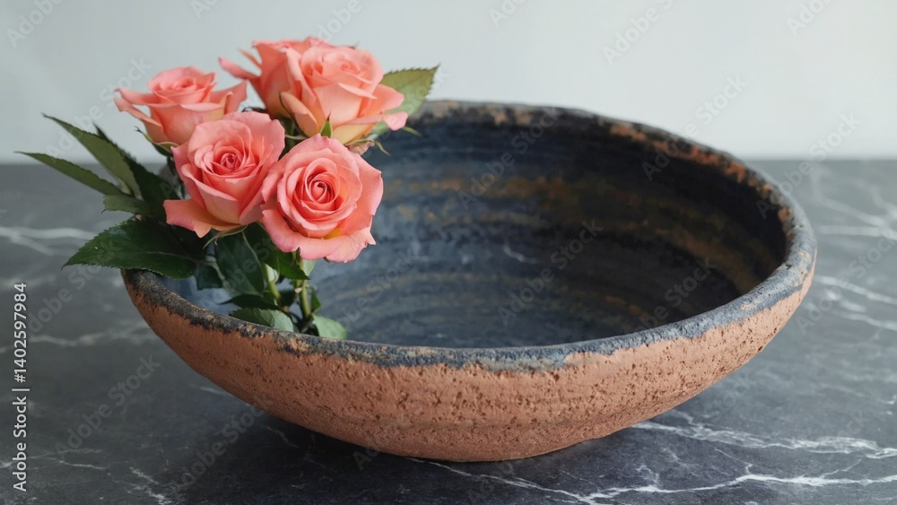 Handcrafted stoneware bowl holding delicate pink roses in a natural, rustic design for home decor.