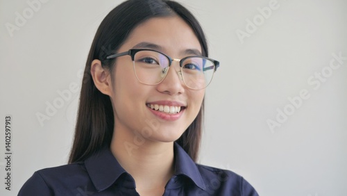 Obraz na płótnie Happy smiling young asian woman in glasses professional office setting w salonie