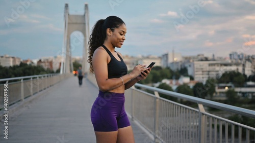 Obraz na płótnie Woman in sportswear checking phone on bridge. Fitness, healthy living, selfie with city backdrop. w salonie