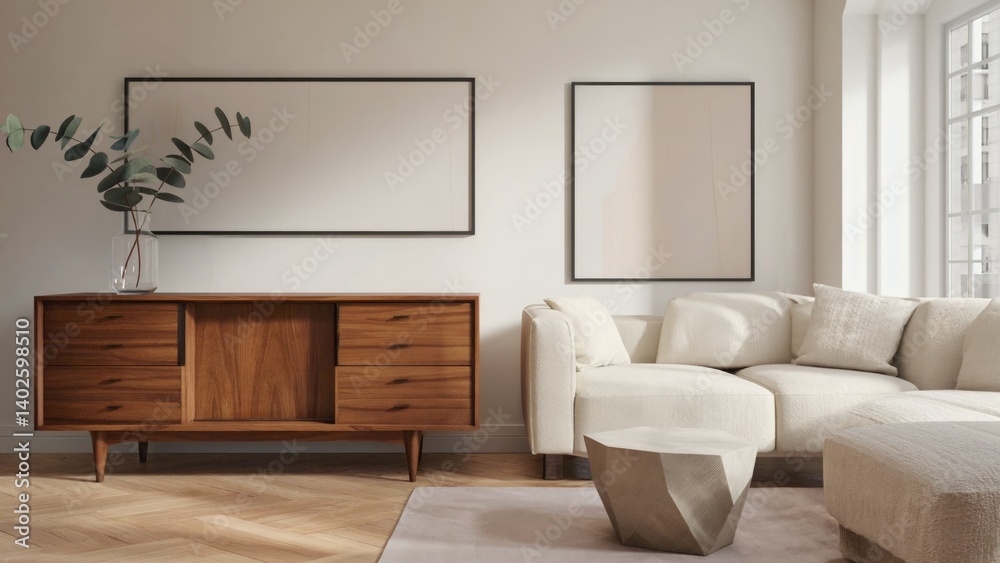 Spacious, sunlit living area with modern furniture and decor. Includes a comfortable couch, stylish shelving, and a sleek storage unit.