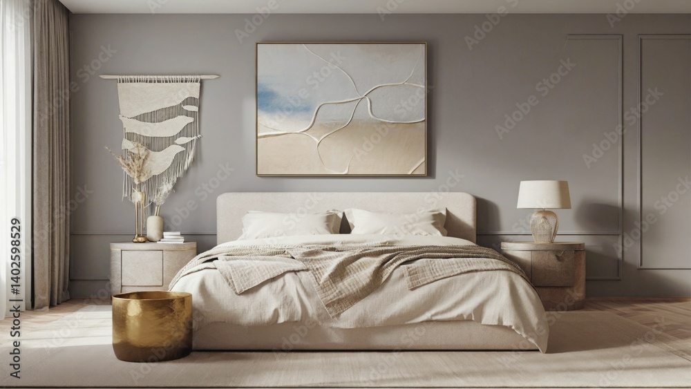 Bedroom with neutral color palette and contemporary design elements.